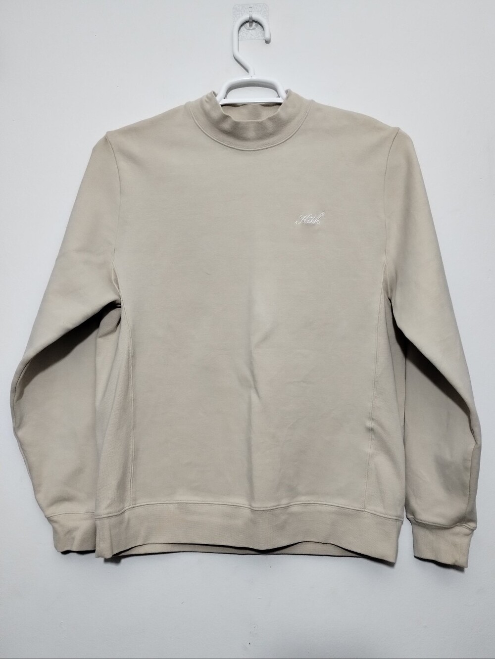 Kith Mens S Crystal Wash Interlock Vintage Crewneck Ivory Script Logo Chest